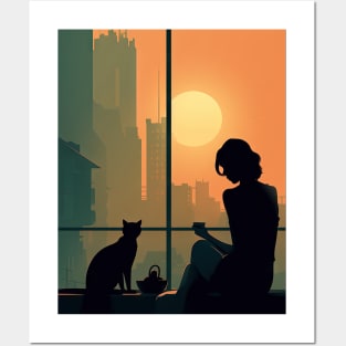 Cat Mom's Misty Tea Time: Pop Art Illustration in Orange and Black Posters and Art